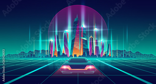 Future city digital simulation in virtual reality cartoon vector futuristic background. Racing car going on glossy surface with neon grid to metropolis illuminated skyscrapers buildings illustration