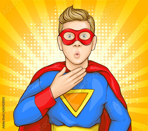 Confused and shocked caucasian boy in face mask and superhero blue suit with triangle logo on chest and red canopy on shoulder looking with surprising pop art vector. Sale in childrens shop concept