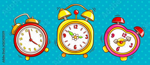 alarm clocks ringing set on blue half tone dotted background. Vintage colorful watches running and bell to wake up at morning. Cartoon pop art vector Illustration in retro hand drawn comic book style.