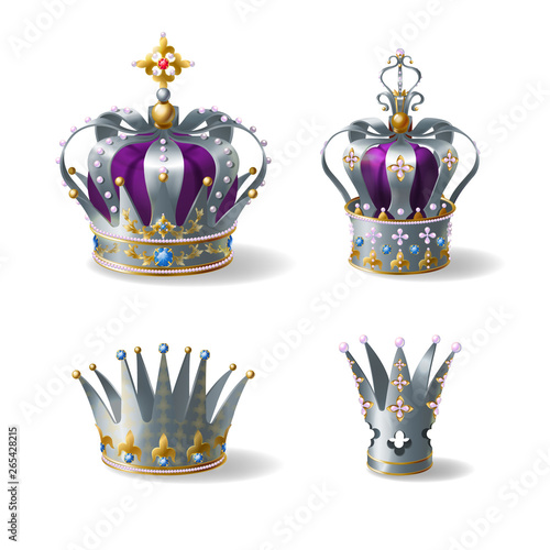 King, queen silver, golden or platinum crown decorated with gems and pearls, violet silk, velvet realistic vector set isolated on white background. Medieval monarch headwear, power symbol illustration