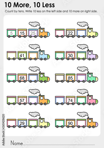 10 More, 10 Less Worksheet for education. -  Count by tens. Write 10 less on the left side and 10 more on right side. 
