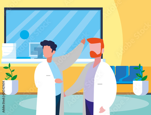 male medicine workers in clinic reception