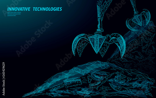 3d Waste crane arm claw. Low poly polygonal garbage landfill industrial eco banner. Planet global pollution grabber ecology vector illustration