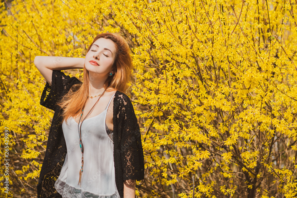 Modern stylish hippie girl wear denim, lace and accessories, concept of trendy. Beautiful details for lady Modern stylish hippie girl wear denim, lace and accessories, concept of trendy. Beautiful details for lady