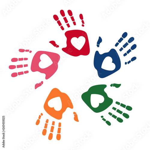 Colorful human palms. Children's handprint. Logo template. Symbol of team, friendship, united, support, family. Clean and modern vector illustration for design, web.