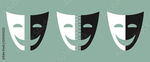 Theatrical mask icon. Two parties of mask. The process of the struggle between good and evil, black and white. Vector illustration for design, web.