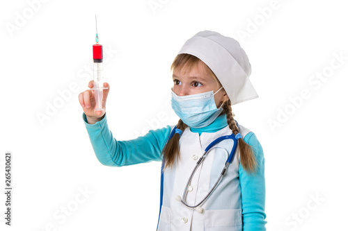 Nurse with medical face mask and a syringe with a drug, landscape white background photo