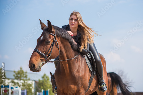 Woman and horse, lady have a hobby time, riding. Horses concept 