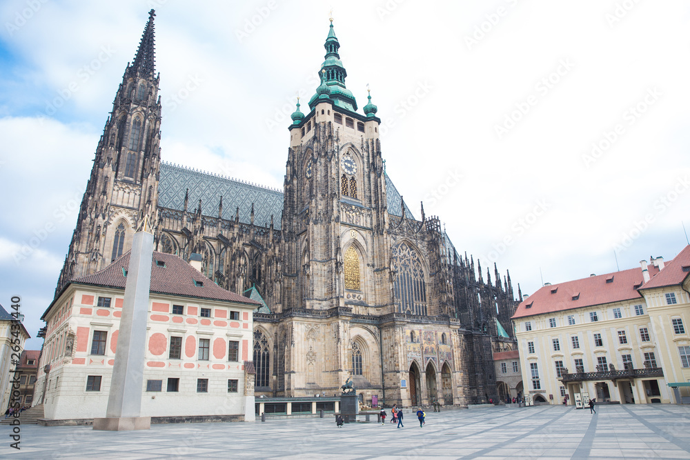 City Prague, Czech Republic. People are visiting the old Prague castle and cathedral. Travel photo 2019.
