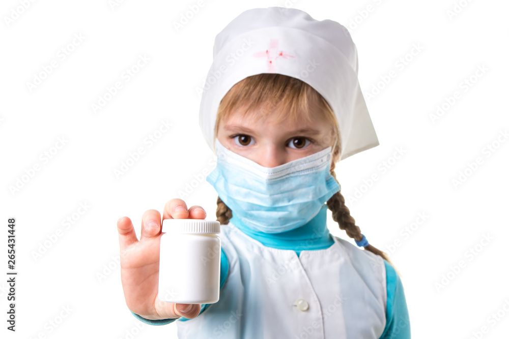 Female nurse pointing the white pill bottle isolated on white background, landscape orientation Female nurse pointing the white pill bottle isolated on white background, landscape orientation