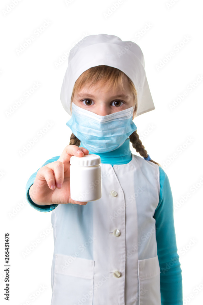 Female nurse pointing the white pill bottle isolated on white background, portrait orientation Female nurse pointing the white pill bottle isolated on white background, portrait orientation