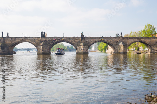 City Prague, Czech Republic. View to the river and bridge from river Vltava. Spring. 2019. 24. April. Travel photo.