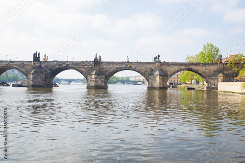 City Prague, Czech Republic. View to the river and bridge from river Vltava. Spring. 2019. 24. April. Travel photo.