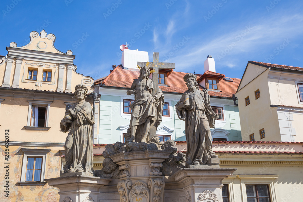 City Prague, Czech Republic. Three sacred sculptures at the Charles Bridge, art. Travel photo 2019. 24. April