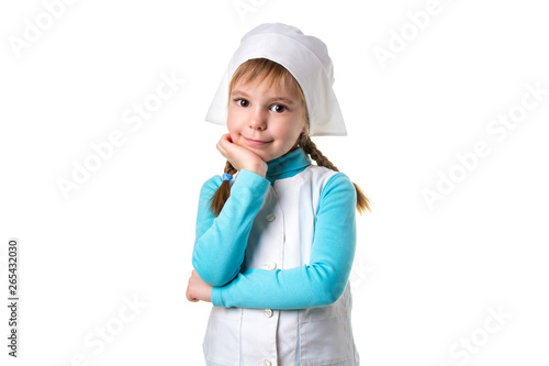 Portrait of a smiling female nurse looking at the camera, hand under the chin. Landscape white orientation