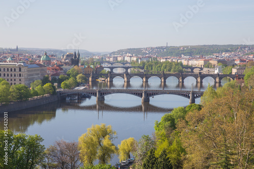 City Prague, Czech Republic. View from the mountain to the river and bridges. Spring. 2019. 24. April.