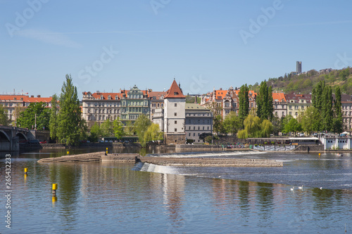 City Prague, Czech Republic. Old buildings and street view. Vltava river. Travel photo 2019