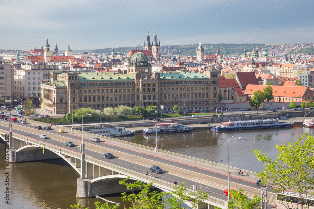 City Prague, Czech Republic. View from the mountain to the river and bridge. Spring. 2019. 24. April. Travel photo.