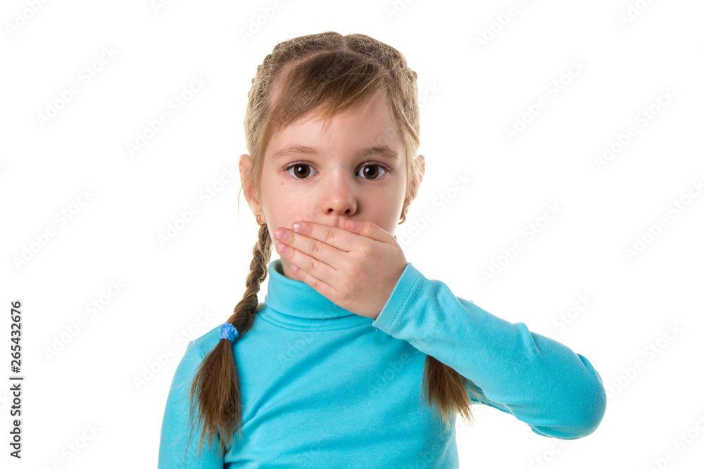 Closeup scared girl covering her mouth with hand on white landscape background Closeup scared girl covering her mouth with hand on white landscape background
