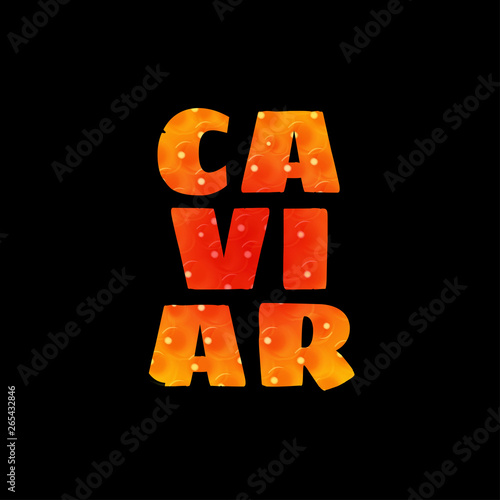 Red caviar in text shape isolated on black background. Vector illustration.