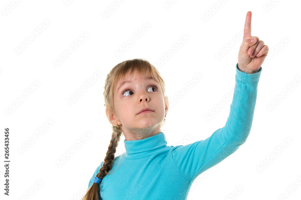 Little girl pointing her finger up, isolated on white landscape Little girl pointing her finger up, isolated on white landscape