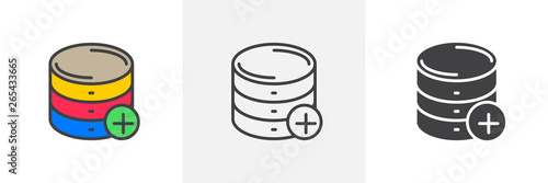 Add database server icon. Line, glyph and filled outline colorful version, Data center add outline and filled vector sign. Symbol, logo illustration. Different style icons set. Vector graphics