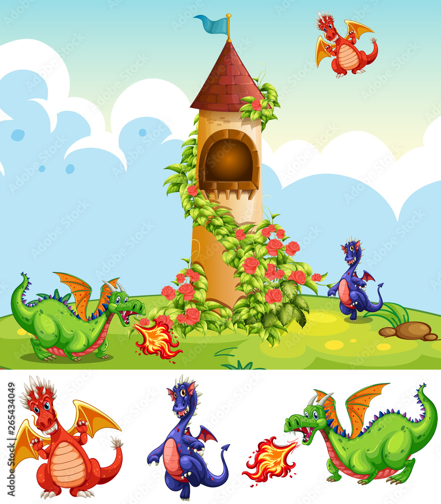 Obraz premium Set of dragons in castle scenery