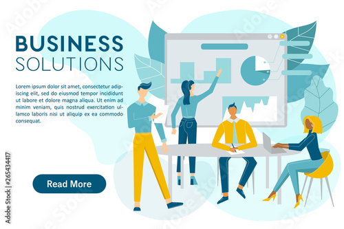 Business solutions concept web banner with the place for your text. Business meeting, training staff, corporate meeting, business seminar, employee training, co-working. Man talking before colleagues