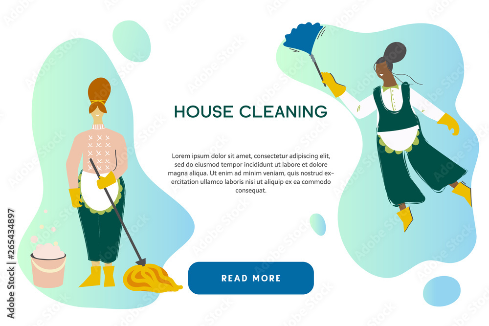 Cleaning service modern concept for your banner, advertisement, flyer or website with the place for your text. Cleaning team in uniform performs various types of works during household chores. 