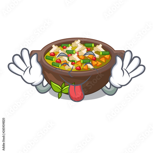 Tongue out minestrone plate above the mascot table