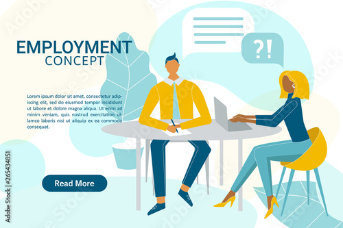 Employment concept web banner with the place for your text. Woman recruiter interviewing employee on the abstract background. Businesswoman hiring a man to work in business company.