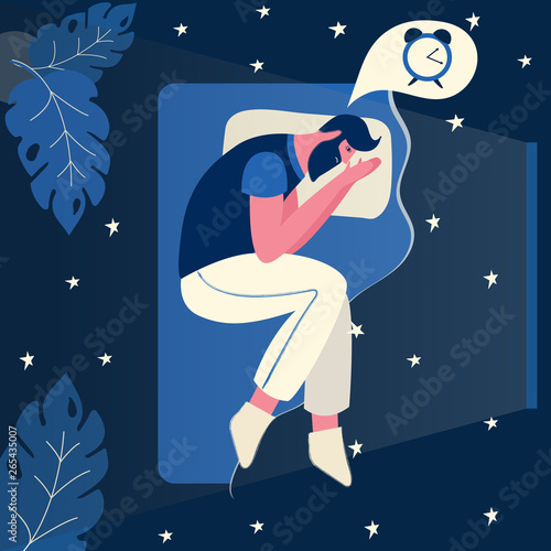 Male insomniac lying in bed at night. Tired man suffer from sleeping disorder, insomnia, nightmare, sleeplessness. Sleepy character trying to fall asleep.