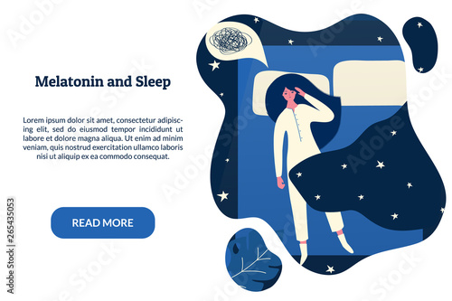 Female insomniac lying in bed at night. Tired woman suffer from sleeping disorder, insomnia, nightmare, sleeplessness. Sleepy character trying to fall asleep. Melatonin and sleep banner template.