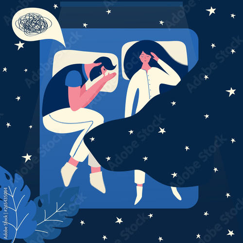 Male insomniac lying with sleeping woman near him in bed at night. Tired man suffer from sleeping disorder, insomnia, nightmare, sleeplessness. Sleepy character trying to fall asleep.