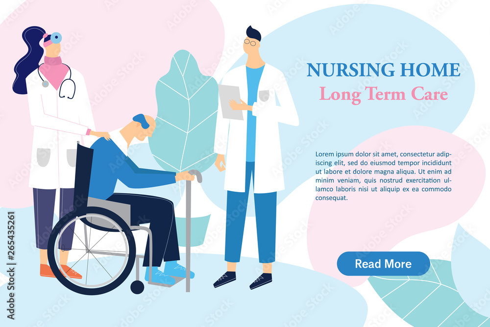 Old man on wheelchair talking with doctor and nurse. Nursing home concept banner. Health worker helps retiree with his physical recovery.