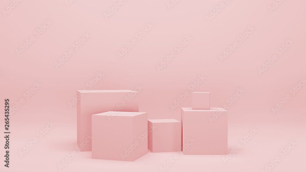 Pink empty room with geometric shapes, stands and empty walls, realistic 3d illustration. Minimalist blank scene with squares, modern graphic design.