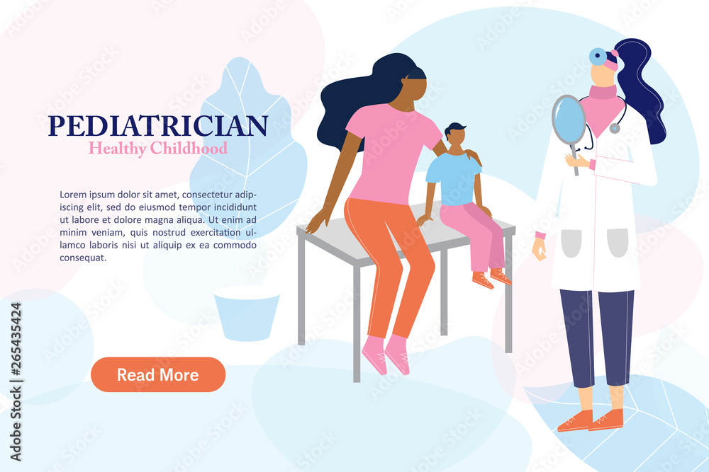 Pediatrician doctor examining little sick boy. Mother and son sitting on the coach before female medical person in the hospital. Healthy children vector banner concept.
