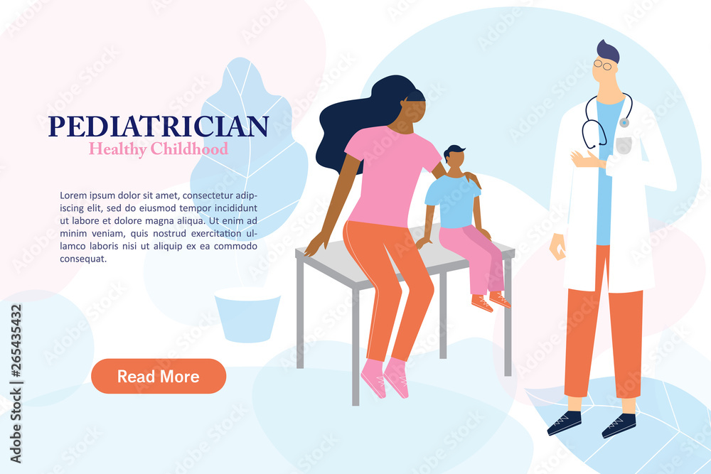 Pediatrician doctor examining little sick boy. Mother and son sitting on the coach before female medical person in the hospital. Healthy children vector banner concept. -