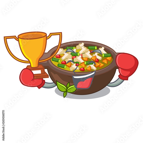Boxing winner minestrone plate above the mascot table