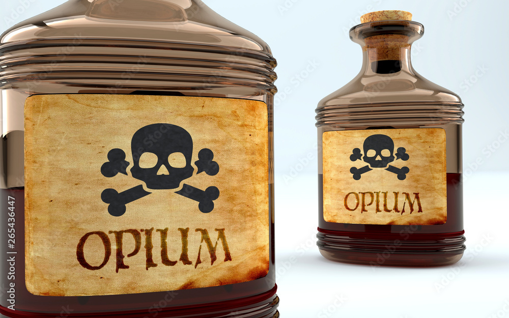 Dangers and harms of opium pictured as a poison bottle with word opium, symbolizes negative aspects and bad effects of unhealthy opium, 3d illustration - obrazy, fototapety, plakaty 