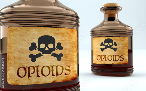 Dangers and harms of opioids pictured as a poison bottle with word opioids, symbolizes negative aspects and bad effects of unhealthy opioids, 3d illustration