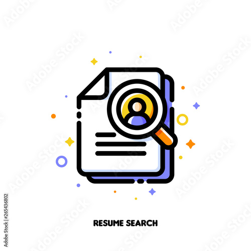 Icon of magnifying glass and resume for professional staff recruitment or searching efficient employees concept. Flat filled outline style. Pixel perfect 64x64. Editable stroke