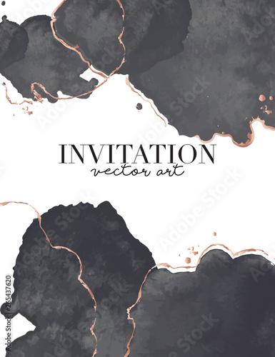 Black gold luxury design. Watercolor splash Vector vertical wedding invitation card with golden waves shapes. Trendy design for wedding ceremony. Can be used for cosmetics, spa, beauty salon