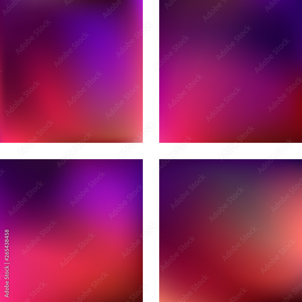 Set with abstract blurred backgrounds. Vector illustration. Modern geometrical backdrop. Abstract template. Red, purple colors.