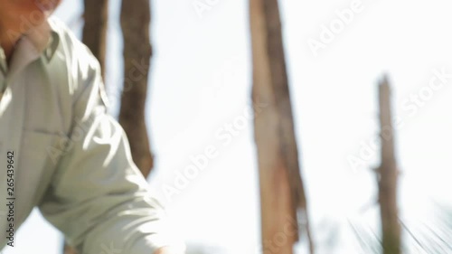 A hand held medium shot of a person holding a big branch of a tree which is endowed with green and lush leaves