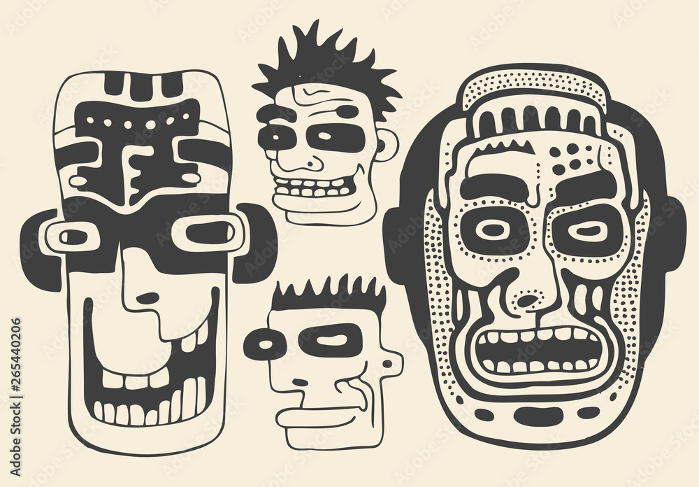Funny faces and masks set. Drawing Style. Vector illustration.