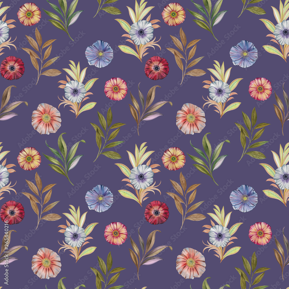 Seamless watercolor flowers pattern. Hand painted flowers and leaves of different colors. Flowers and leaves for design.
