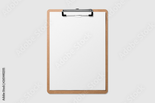 Mockup of wooden clipboard with blank paper isolated on light grey background.