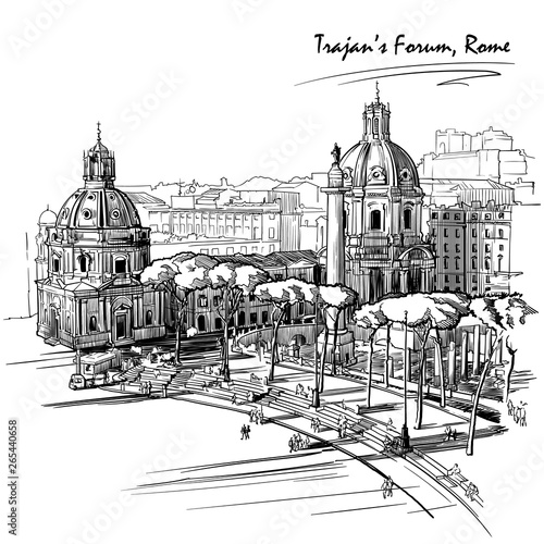 Forum of the Emperor Trajan in Rome, Italy. Engraving style sketch. Vintage design. Travel sketchbook drawing. EPS10 vector illustration.