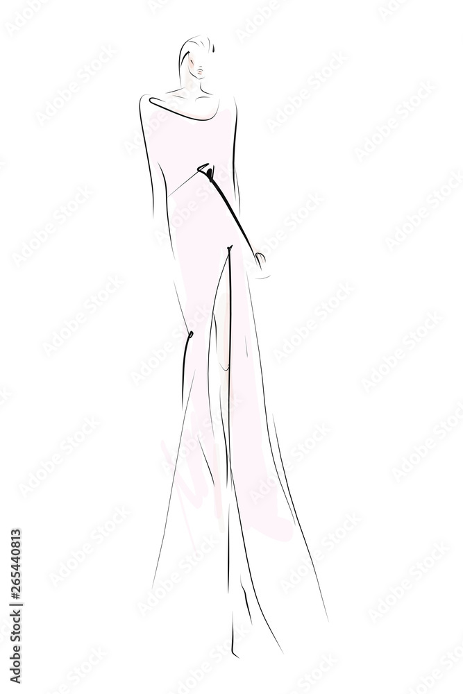 Fashion sketch. Elegant young woman, model. Female silhouette in dress Fashion sketch. Elegant young woman, model. Female silhouette in dress
